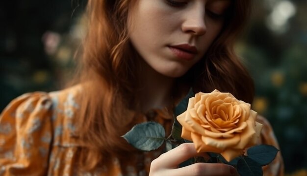 Une belle jeune femme souriante tenant une fleur en plein air générée par l'intelligence artificielle