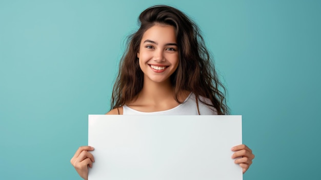 Une belle jeune femme souriante tenant un panneau blanc devant elle Une belle femme sourit avec chaleur montrant un panneaux blanc tenu devant elle offrant une toile pour votre message ou vos besoins de marque