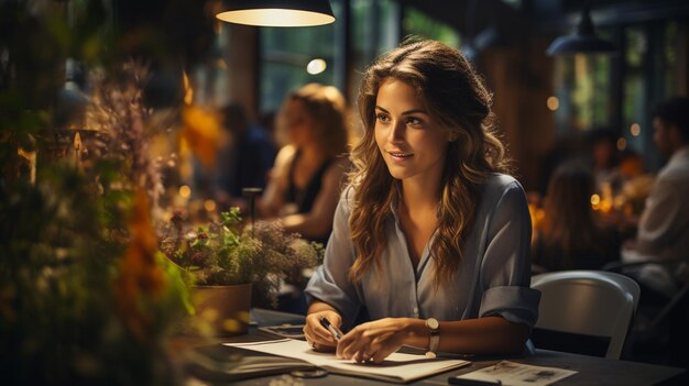 Photo belle jeune femme avec un sourire sur le visage dans le café la nuit