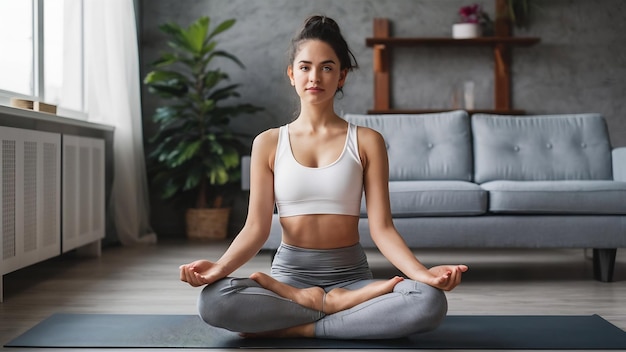 Une belle jeune femme sportive qui prend des cours de yoga professionnels à la maison.