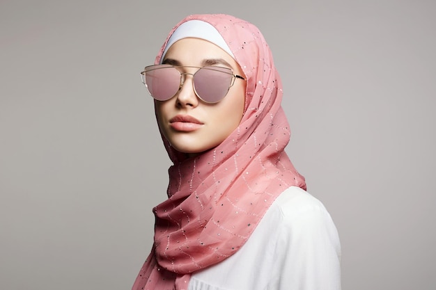 belle jeune femme de style islamique fille de beauté en hijab et lunettes de soleil