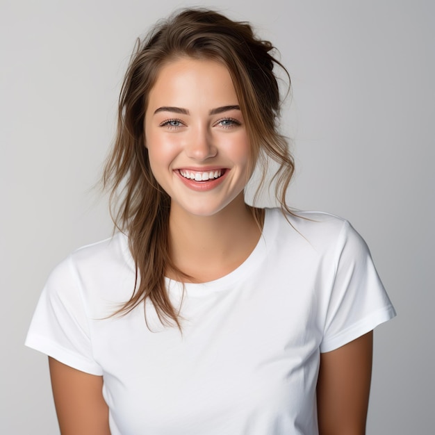 Une belle jeune femme en T-shirt blanc souriante