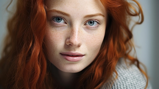 belle jeune femme avec des taches de rousseur dans les cheveux et des taches de rousseur