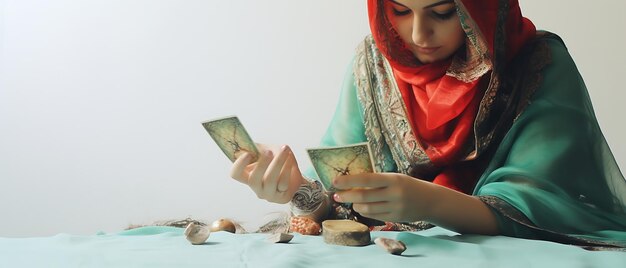 belle jeune femme tarot diseur de bonne aventure avec une carte de tarot