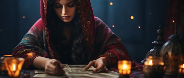 belle jeune femme tarot diseur de bonne aventure avec une carte de tarot