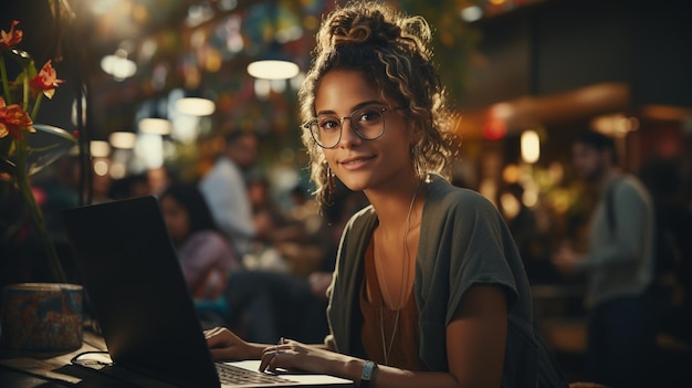 Belle jeune femme avec une tasse de café dans le cafegenerative ai