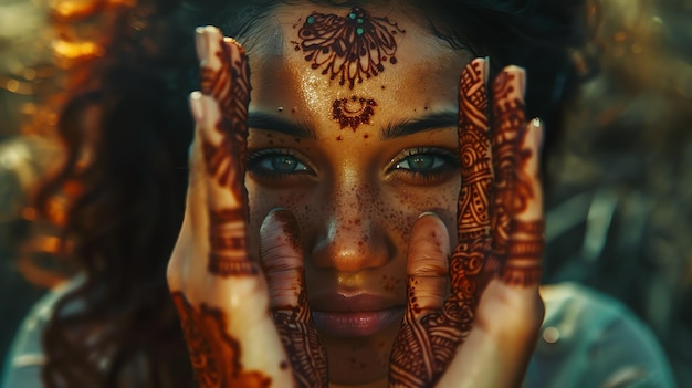 Photo une belle jeune femme avec des tatouages de henné sur les mains et le visage regarde la caméra avec une expression sérieuse.