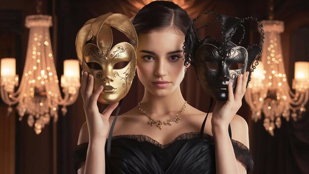 Une belle jeune femme tenant des masques vénitiens mystérieux.