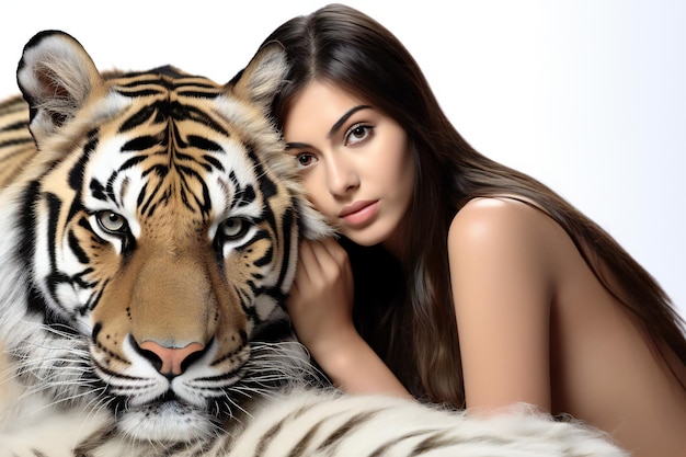 Une belle jeune femme avec un tigre sur un fond blanc mode beauté