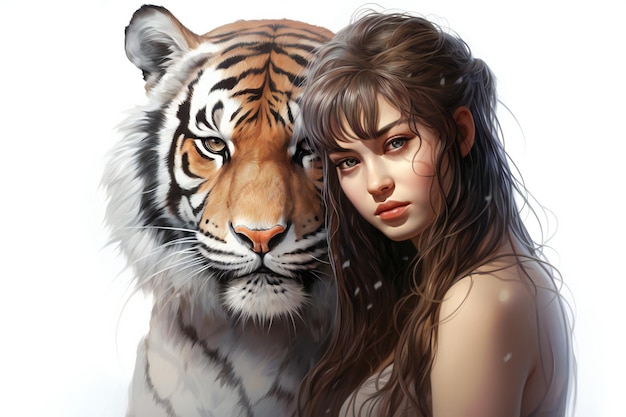 Une belle jeune femme avec un tigre sur un fond blanc
