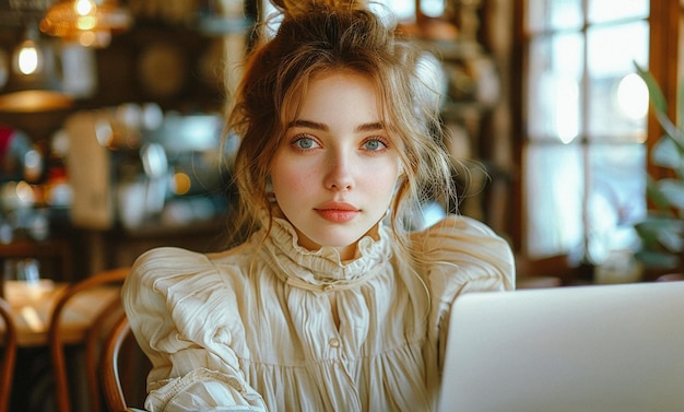 Une belle jeune femme travaille sur un ordinateur portable dans un café.