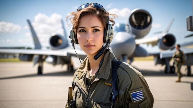 belle jeune femme en uniforme militaire regardant la caméra tout en se tenant près d'un emplacement militaire