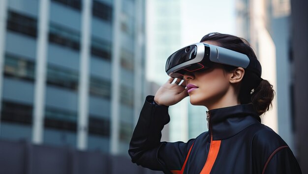 Belle jeune femme utilisant un casque de réalité virtuelle à l'extérieur Concept technologique futur