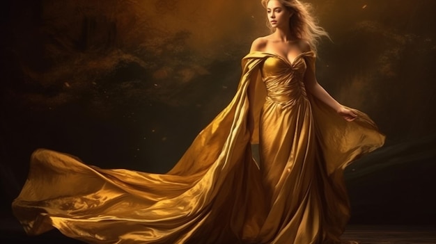 Belle jeune femme vêtue d'une robe dorée Beauty fashiongenerative ai