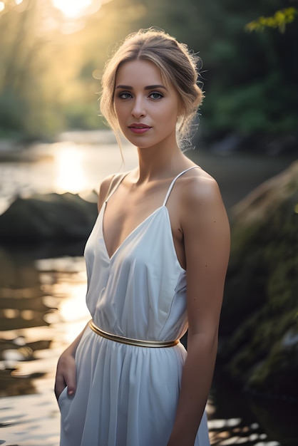 Une belle jeune femme vêtue d'une robe d'été blanche marchant au bord de l'eau au coucher du soleil