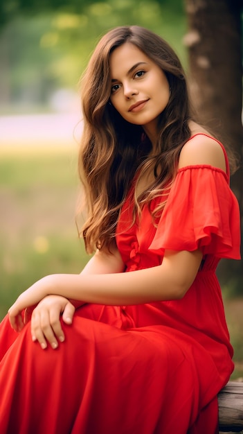 Une belle jeune femme vêtue d'une robe rouge est assise près d'un arbre dans le parc