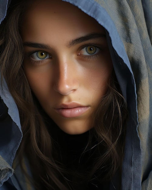 une belle jeune femme avec des yeux verts et une cape