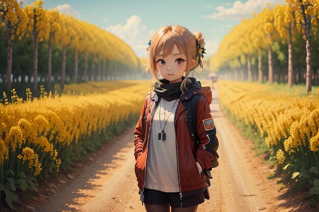 Une belle jeune fille au milieu d'un chemin plein de fleurs jaunes.