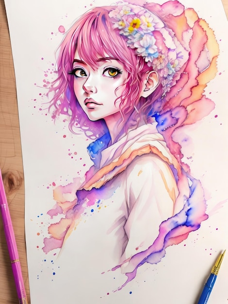 Une belle jeune fille aux cheveux roses et à l'aquarelle sur papier.