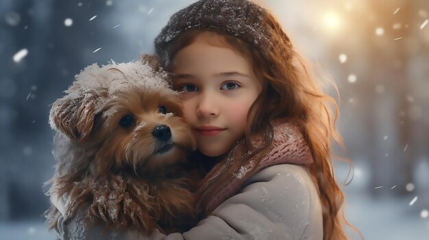 Une belle jeune fille avec un chien dans la forêt d'hiver Une jeune fille tient un petit chien poilu dans la neige