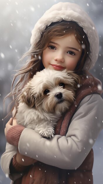Une belle jeune fille avec un chien dans la forêt d'hiver Une jeune fille tient un petit chien poilu dans la neige