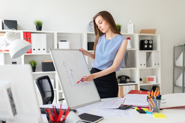 Une belle jeune fille dans un bureau se trouve près d'une table et explique sur un tableau magnétique un gravier.