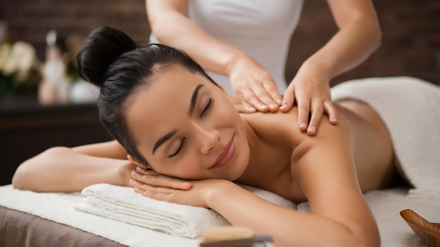 Une belle jeune fille dans un salon de beauté reçoit un massage au spa.