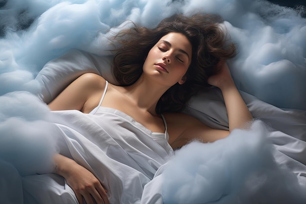 belle jeune fille dormant et rêvant dans les nuages ai générative