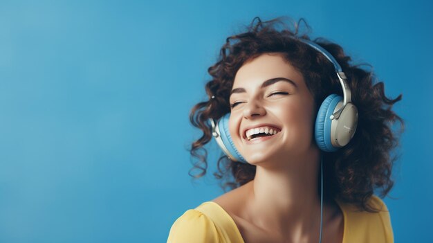 Une belle jeune fille écoutant de la musique souriante riant de bonheur Fond bleu