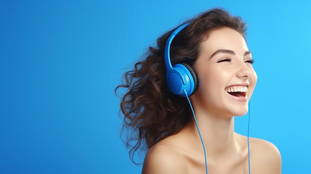 Une belle jeune fille écoutant de la musique souriante riant de bonheur Fond bleu