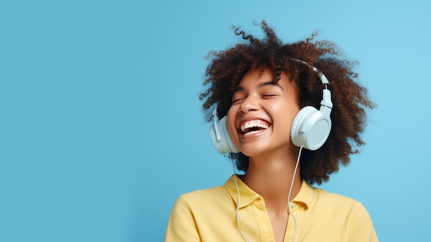 Une belle jeune fille écoutant de la musique souriante riant de bonheur Fond bleu