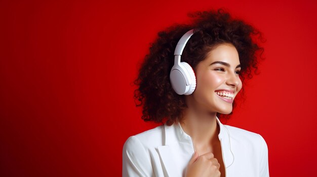 Une belle jeune fille écoutant de la musique souriante riant de bonheur sur fond rouge