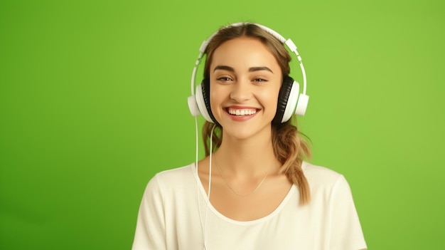 Une belle jeune fille écoutant de la musique souriante riant de bonheur sur fond vert