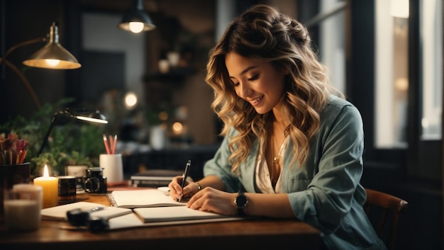 Belle jeune fille écrivant quelque chose sur un livre