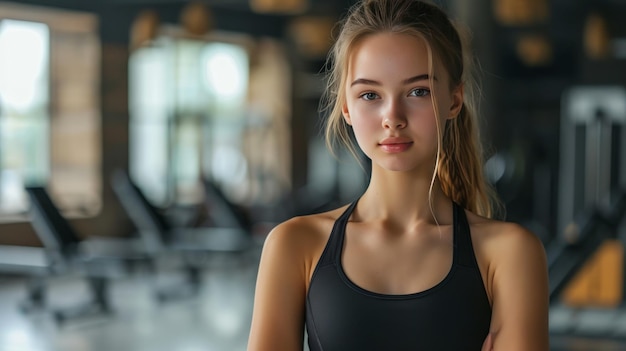 Photo une belle jeune fille en leggings noirs et un haut noir se tient contre la toile de fond du gymnase