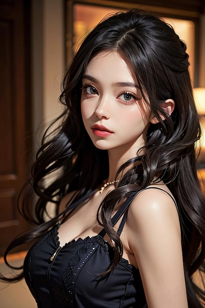 Une belle jeune fille avec de longs cheveux noirs photo HD fond de papier peint