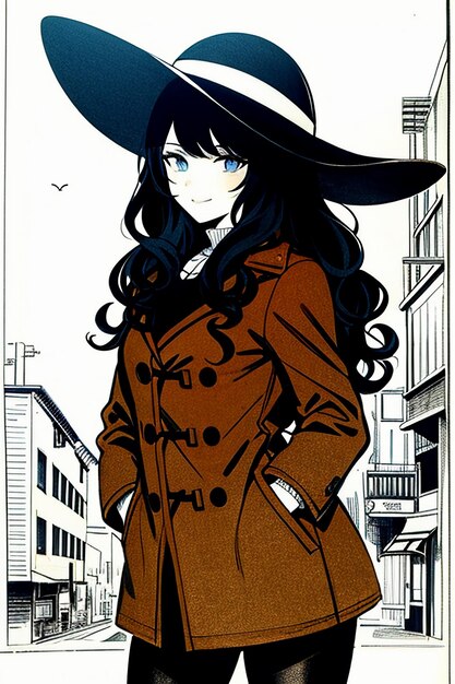 Une belle jeune fille avec un manteau sombre et un chapeau rétro.