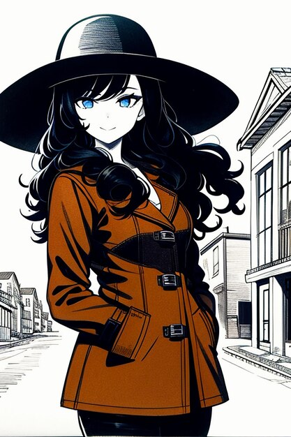 Une belle jeune fille avec un manteau sombre et un chapeau rétro.