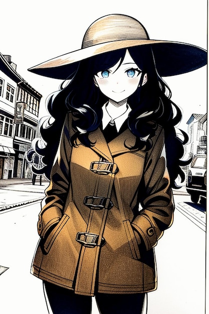 Une belle jeune fille avec un manteau sombre et un chapeau rétro.