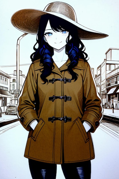 Photo une belle jeune fille avec un manteau sombre et un chapeau rétro.