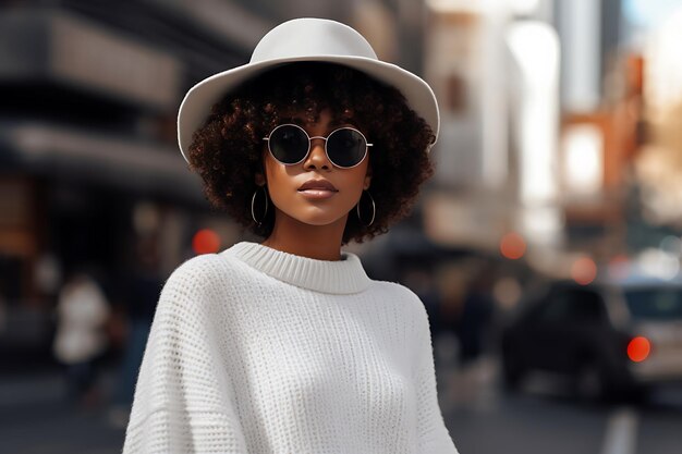 Photo une belle jeune fille noire hipster dans un pull blanc et un chapeau