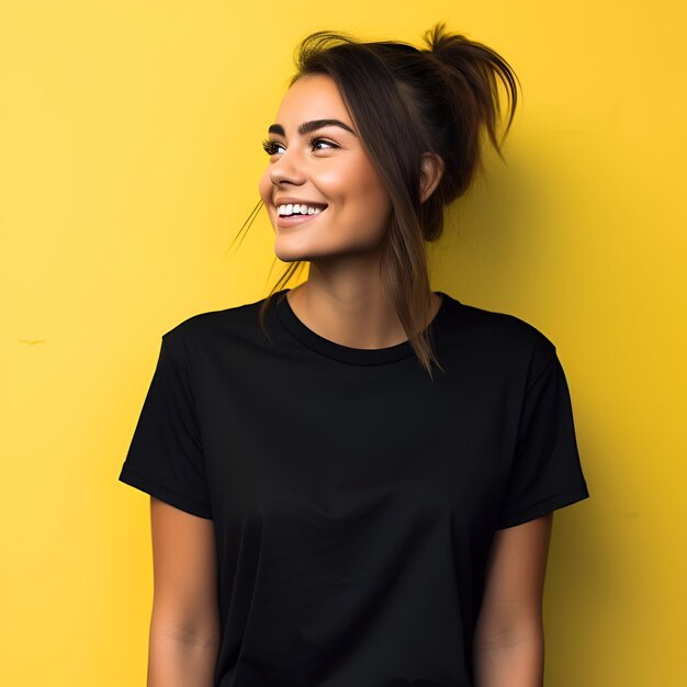 Photo une belle jeune fille posant dans un t-shirt noir isolé sur un fond jaune