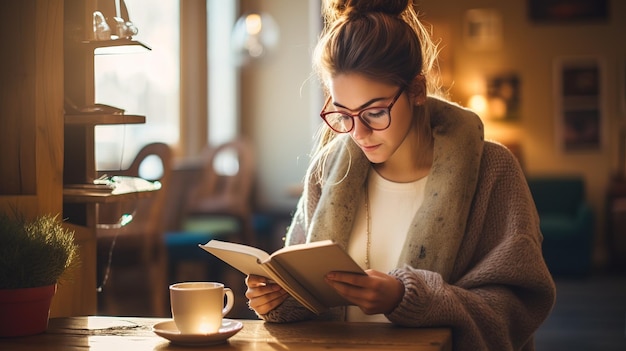 Une belle jeune fille qui lit un livre dans un café.