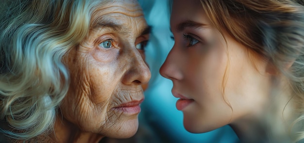 belle jeune fille regardant une vieille femme âgée ridée visage de petite-fille et grand-mère concept de vieillissement et variations génération soins de la peau