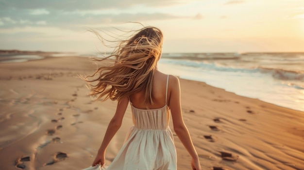 Une belle jeune fille en robe se promène le long de la plage le concept de luxe tranquille