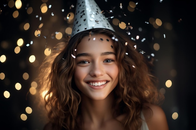 Une belle jeune fille souriante dans un chapeau de fête et tenant un confetti avec une IA générative