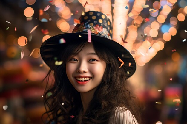 Une belle jeune fille souriante dans un chapeau de fête et tenant un confetti avec une IA générative