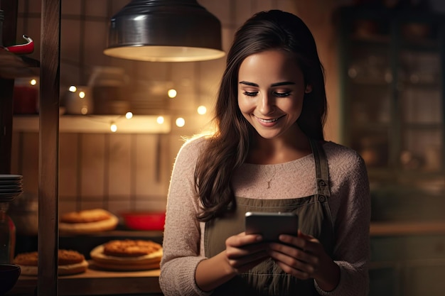 Belle jeune fille souriante regardant le mobile dans la cuisine la nuit