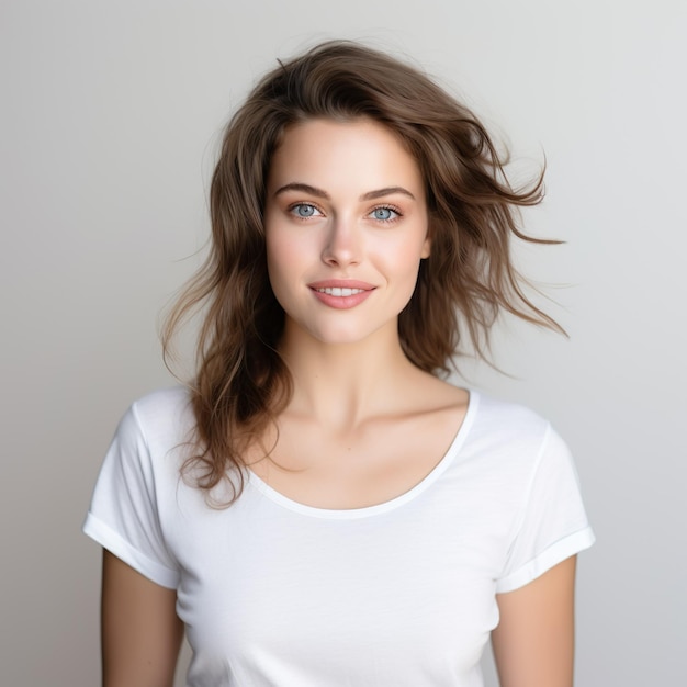 Une belle jeune fille en T-shirt blanc souriante