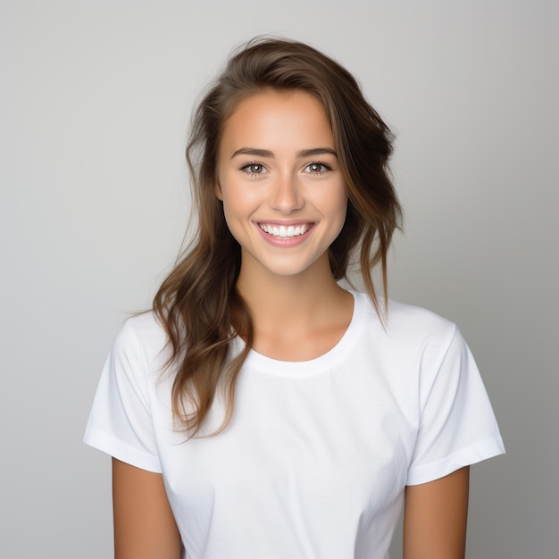 Une belle jeune fille en T-shirt blanc souriante